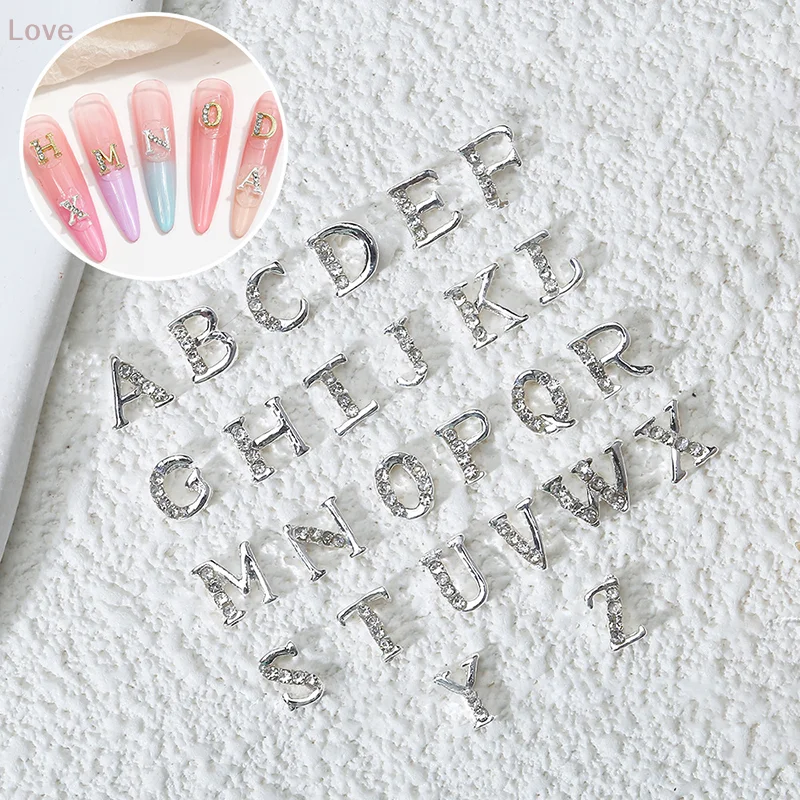 [L&P] 10 peças amuletos de letras 3D para unhas, liga de luxo, alfabeto, strass, arte de unha, pontas acrílicas, acessórios de decoração