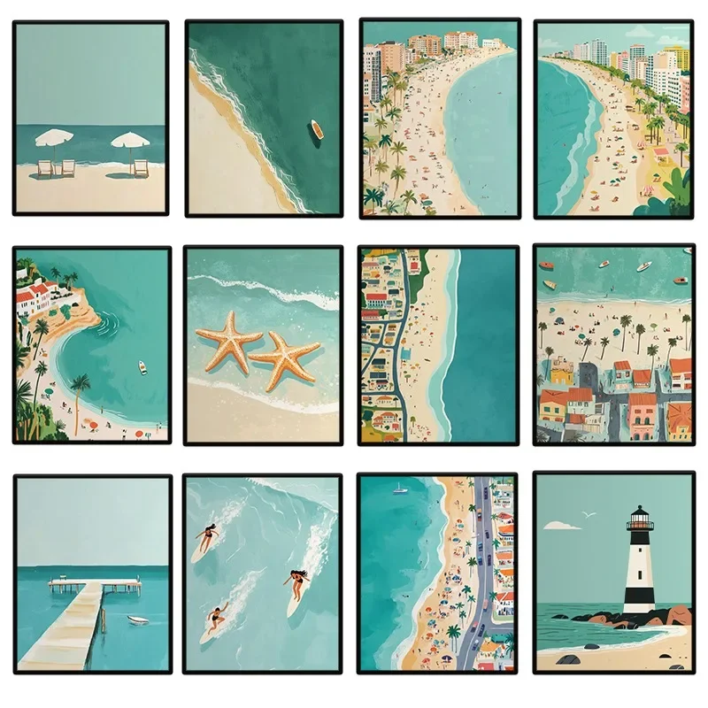 Summer Beaches City Travel Landscape Wall Art Poster Sea Beach Surfing and Swimming for Living Room Home Decor Canvas Paintin