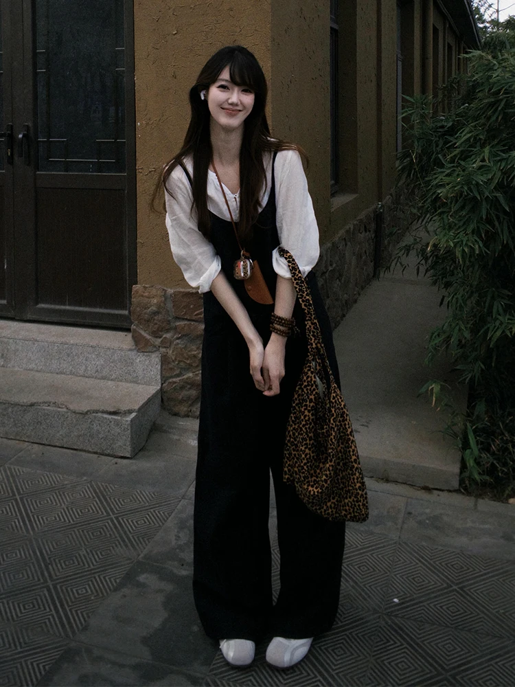 

Summer New Style OOTD Korean Loose Feel White Top Black Overalls Women's Set High Waist Long Pants Comfortable Fashion