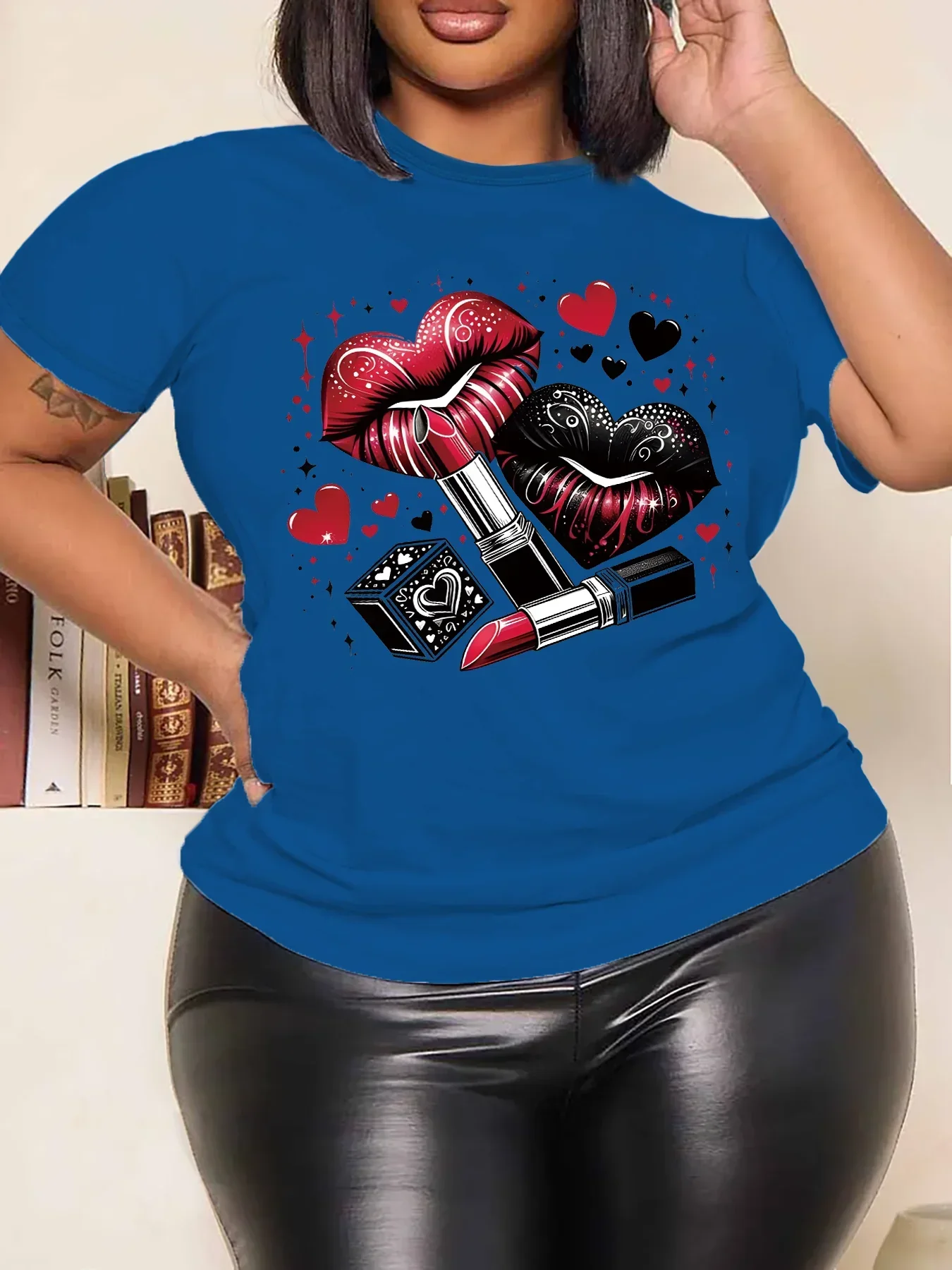 Women Plus Size Clothing Summer Round Neck Short Sleeve Printed Love Lips Lipstick Fashion Plus Size T-Shirts Y2k Top