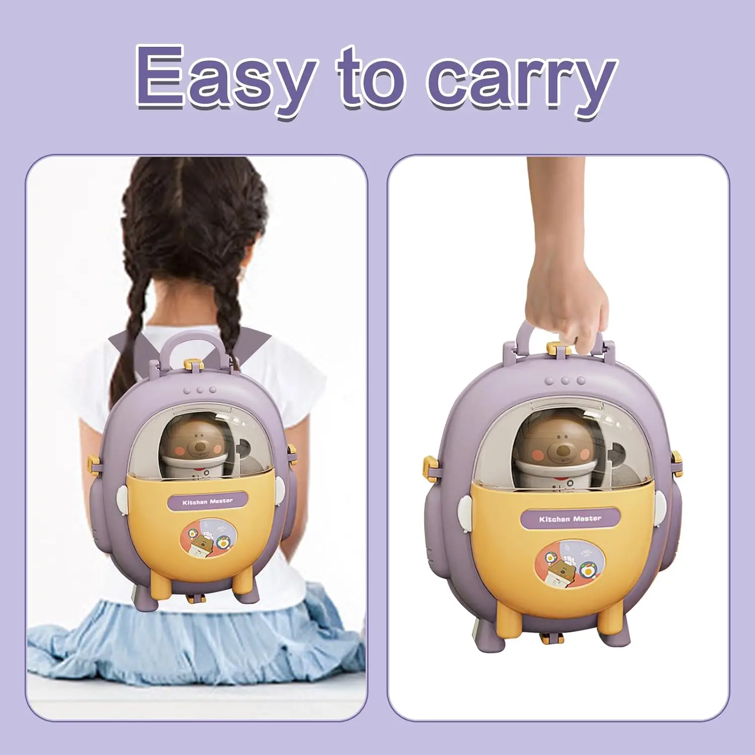 2 in 1 Kitchen Backpack, Play Kitchen Cooking Toys for Children, Pretend Role Play Toys with Play Food Cutlery Accessories for B