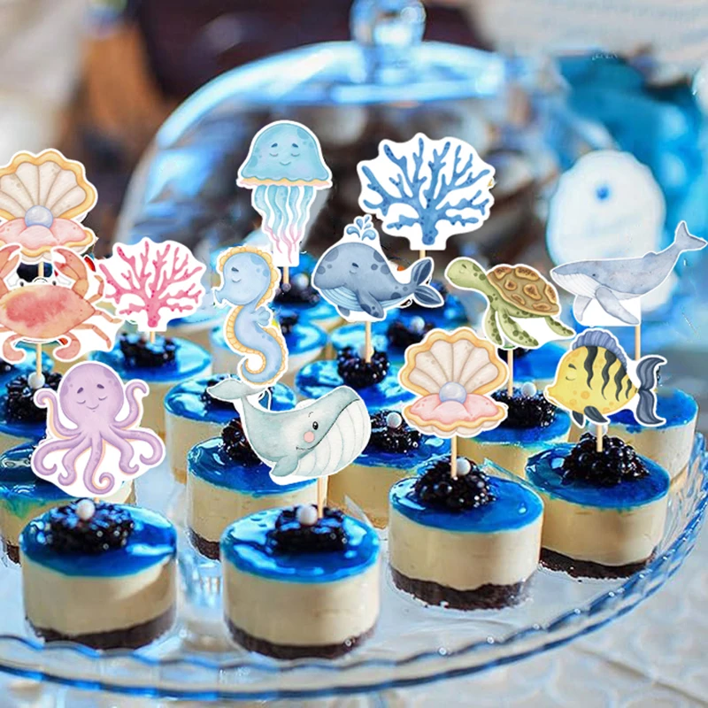 17 Stück Meereskuchenaufsätze Meerjungfrau Krabbe Seepferdchen Cupcake Topper Ozean Thema Kuchen Dekoration Babyparty Kindergeburtstag Dekoration – Detail 3