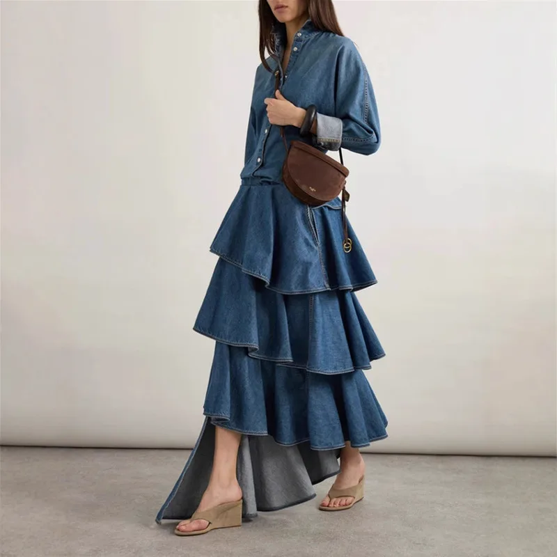 

BEWQ Fashion Women 2 Pcs Set Single Breasted Long Sleeve Tops Pleated Irregular Denim Skirt Suit Evening Party 2026 Spring New