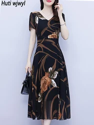 Black Floral Chiffon Casual Boho Beach Long Robe for Women Summer Elegant Bodycon Party Dress 2024 Vintage Prom Night Midi Dress