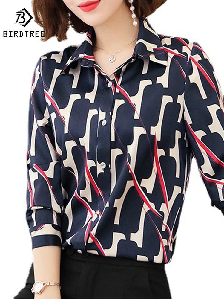 Birdtree-camisa elegante de seda auténtica para mujer, blusas estampadas de manga larga con solapa, a la moda, para primavera y otoño, T3D993QM, 91.8%