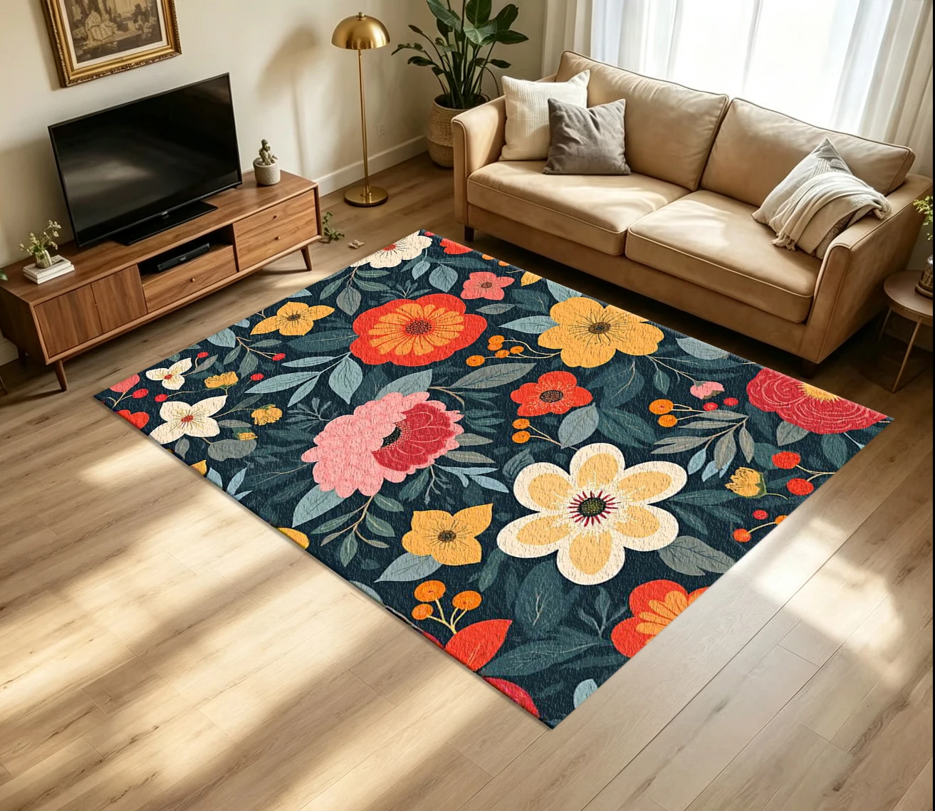 Dark Background Bold Botanical Carpet Flooring Retro Colorful Peony Wildflower Berry Seamless Printed Floor Rug for Household Indoor Home Nature Aesthetic Decor