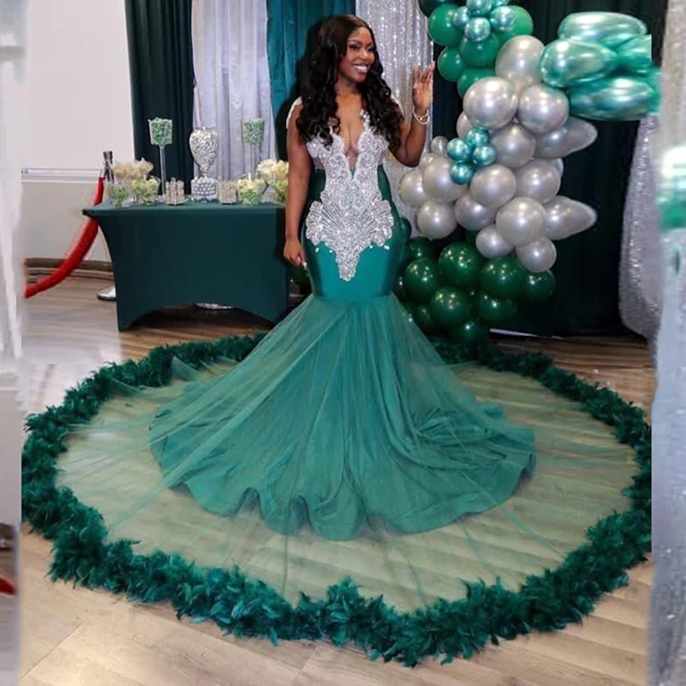 

African Green Sheer Neck Mermaid Feather Sweep Train Aso Ebi Evening Gowns Sexy See Through Party Prom Dresses 2023