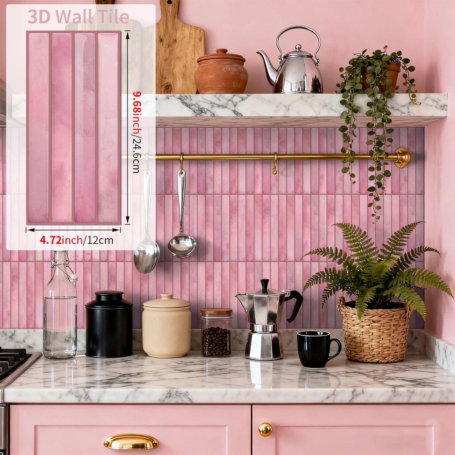 3D Gel Vinyl Pink Self-Adhesive Paper 4.72x9.68' Waterproof Peeling Kitchen Splash Proof Bathroom Decorative Tiles view 4
