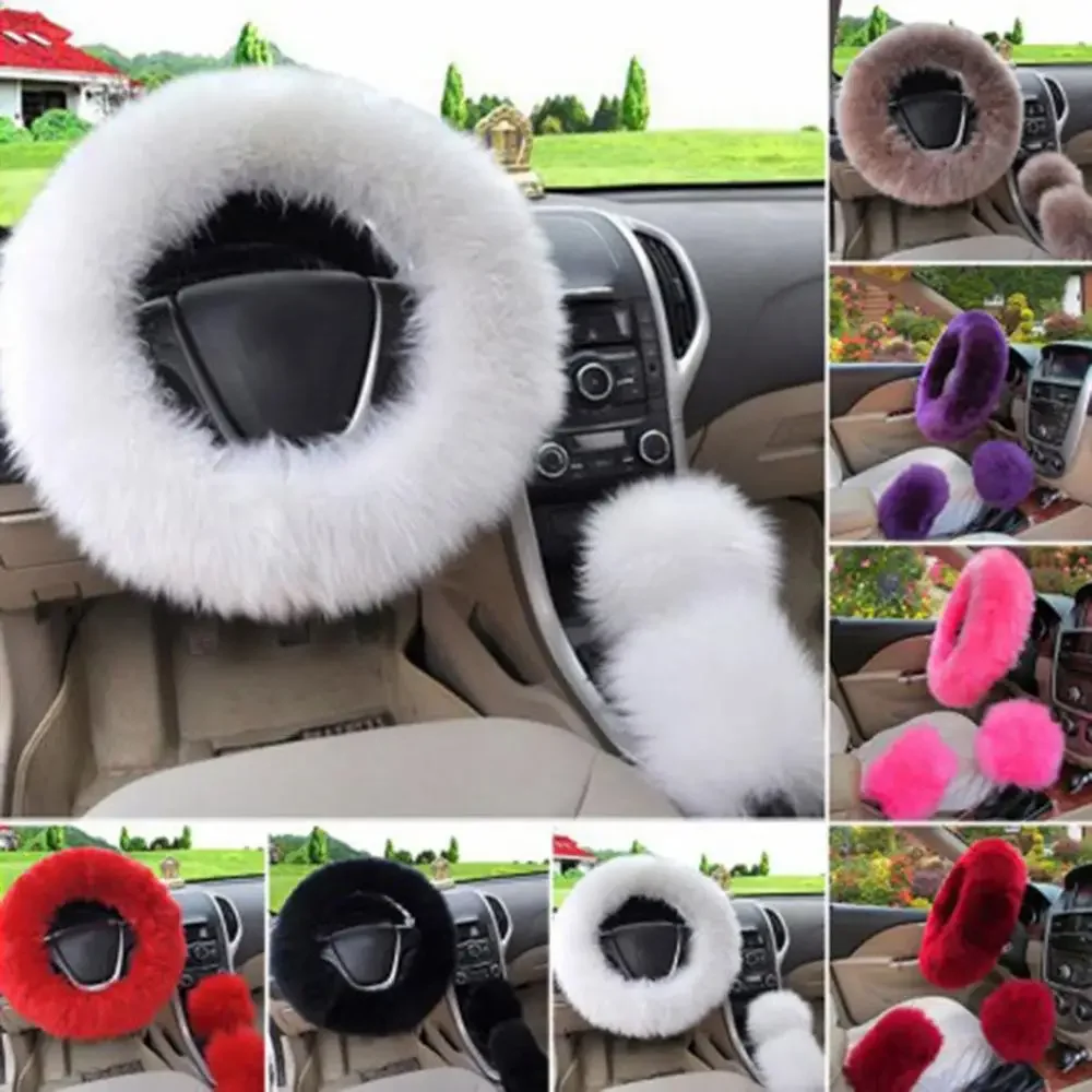 New 38cm Solid Soft Warm Long Wool Fuzzy Steering Wheel Cover Woolen Handbrake Car Accessory Sheep Fur Plush Protector Cover Kit