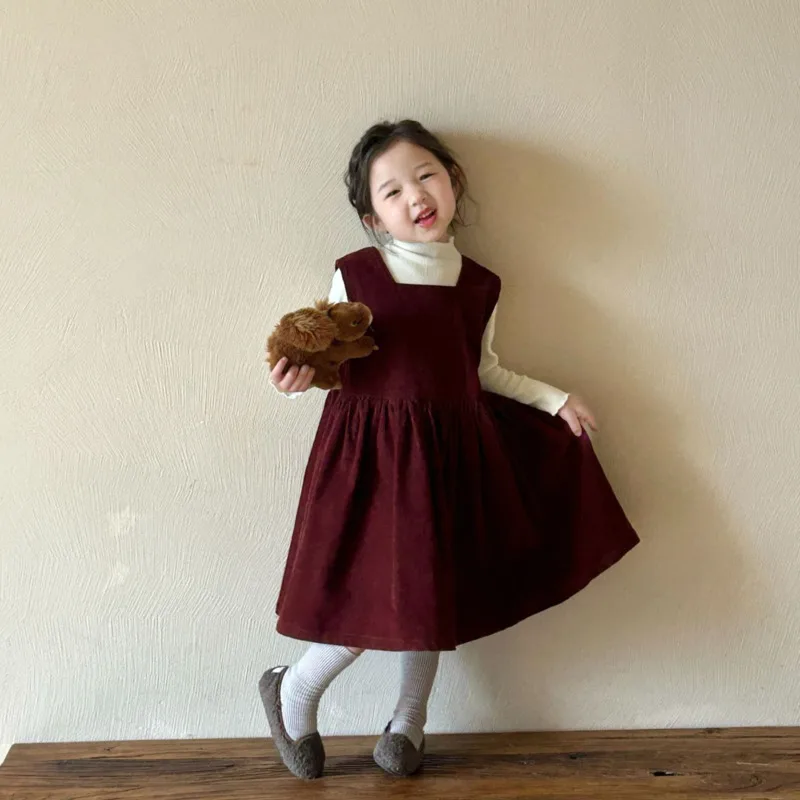 

Осень-зима 2024, детская одежда для девочек, милое праздничное однотонное красное вельветовое платье-жилет, юбка средней длины, теплая одежда для малышей 3-10 лет