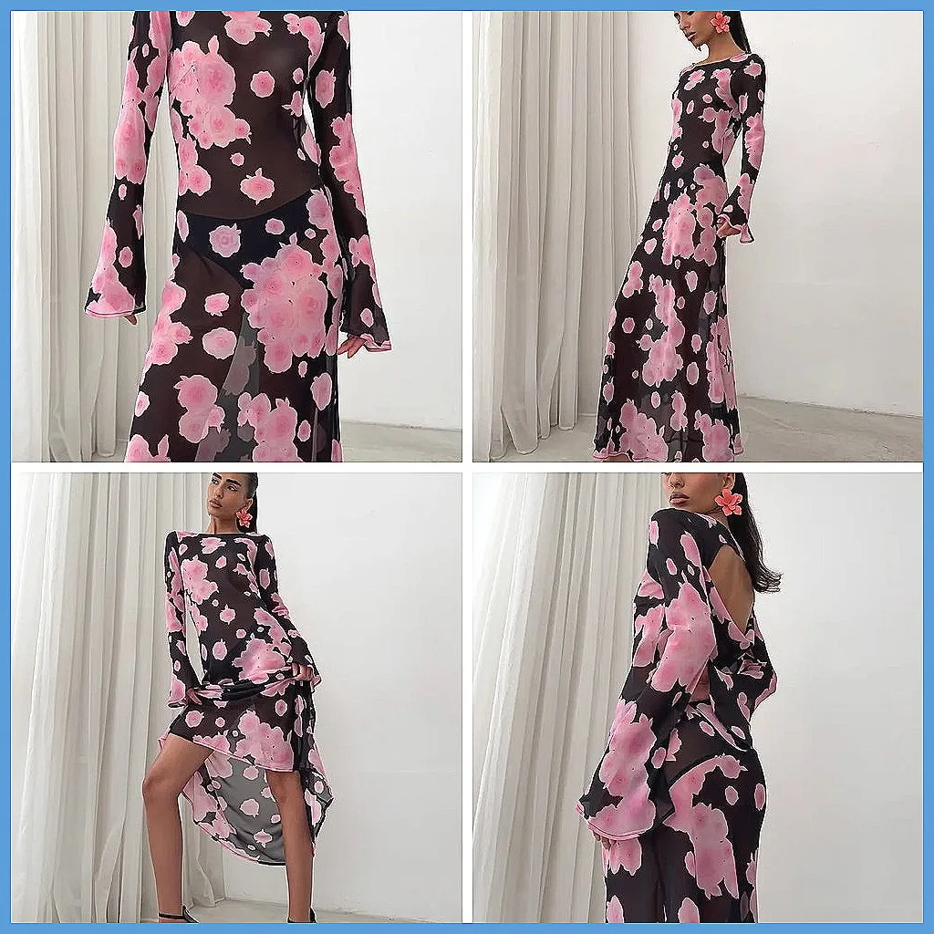 

Chiffon Backless Long Dress Women Elegant Boat Neck Flare Sleeve Slim Maxi Party Dress
