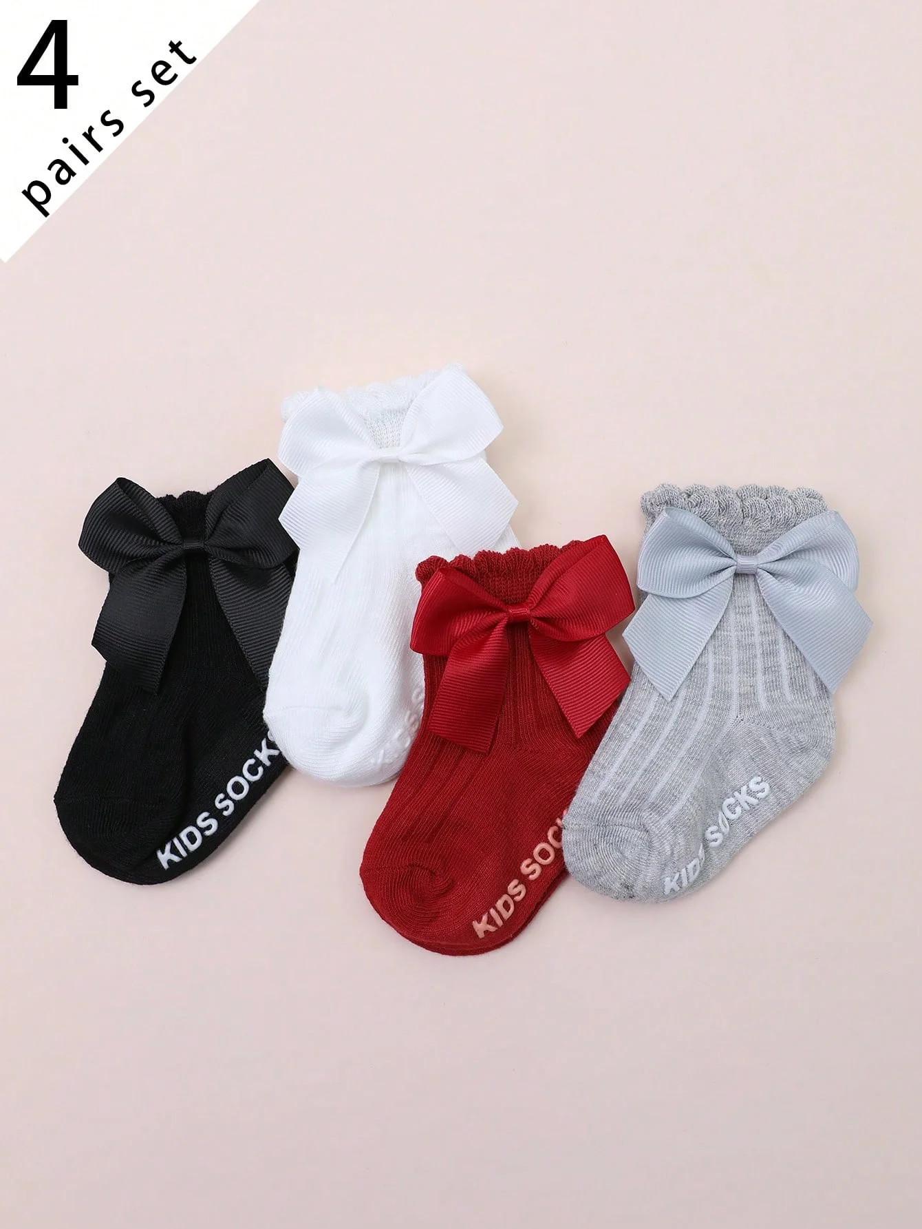 4 Pairs of Baby Girl Princess Style Solid Color Socks Bow Infant Daily Matching Socks For Toddler First Birthday Gift Photo Prop