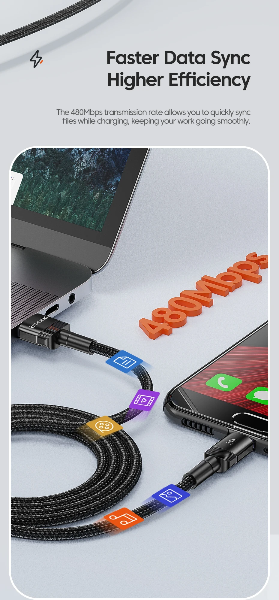Toocki 2,4A USB-zu-Micro-Kabel für Kopfhörer und Ventilatoren, 1/2/3/5er-Pack, Schnellladung, Handy-Micro-Kabel für Samsung Xiaomi, Datenkabel – Detail 4
