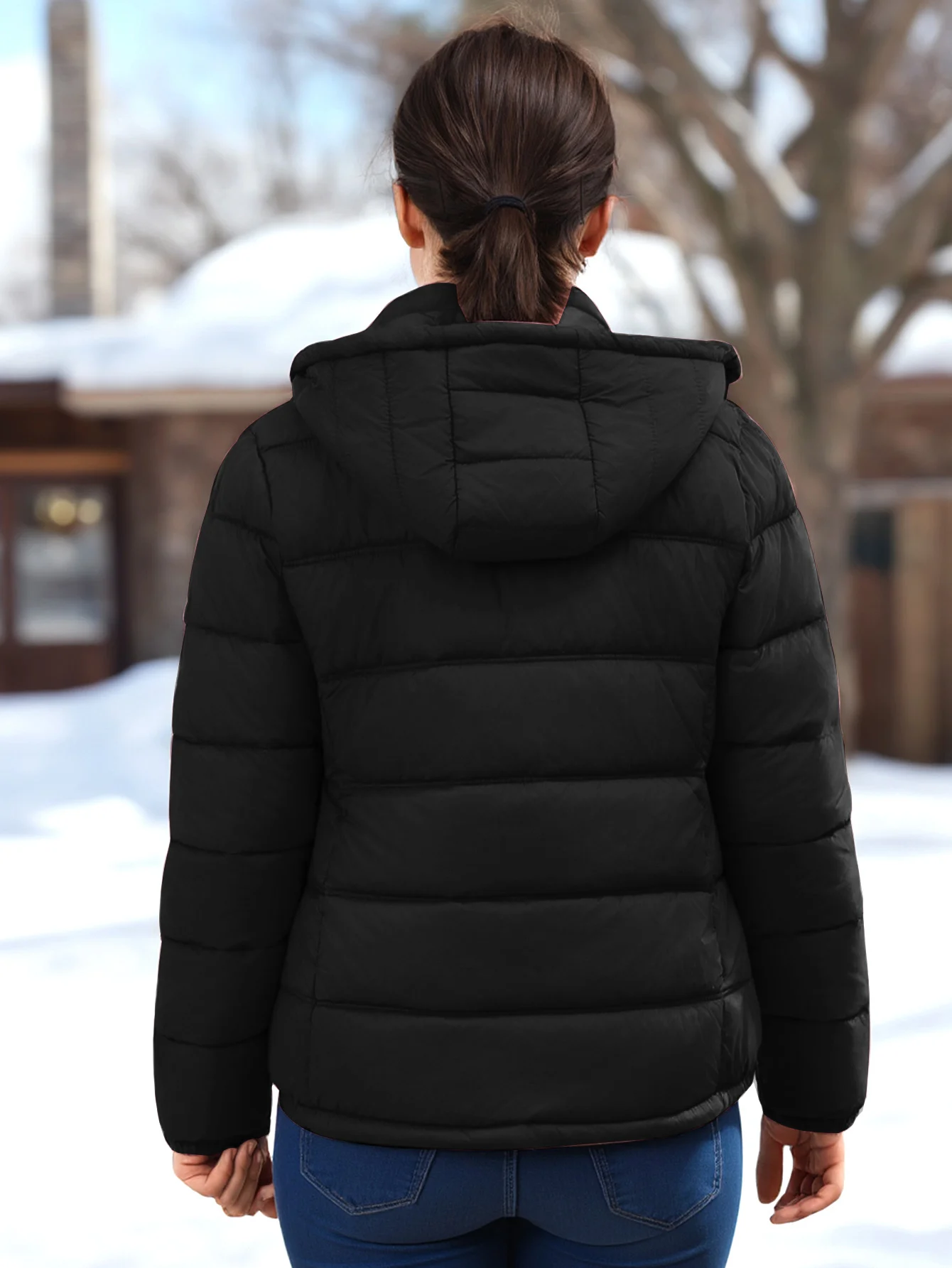 Pufferjack met capuchon voor dames, thermische gewatteerde winterjas