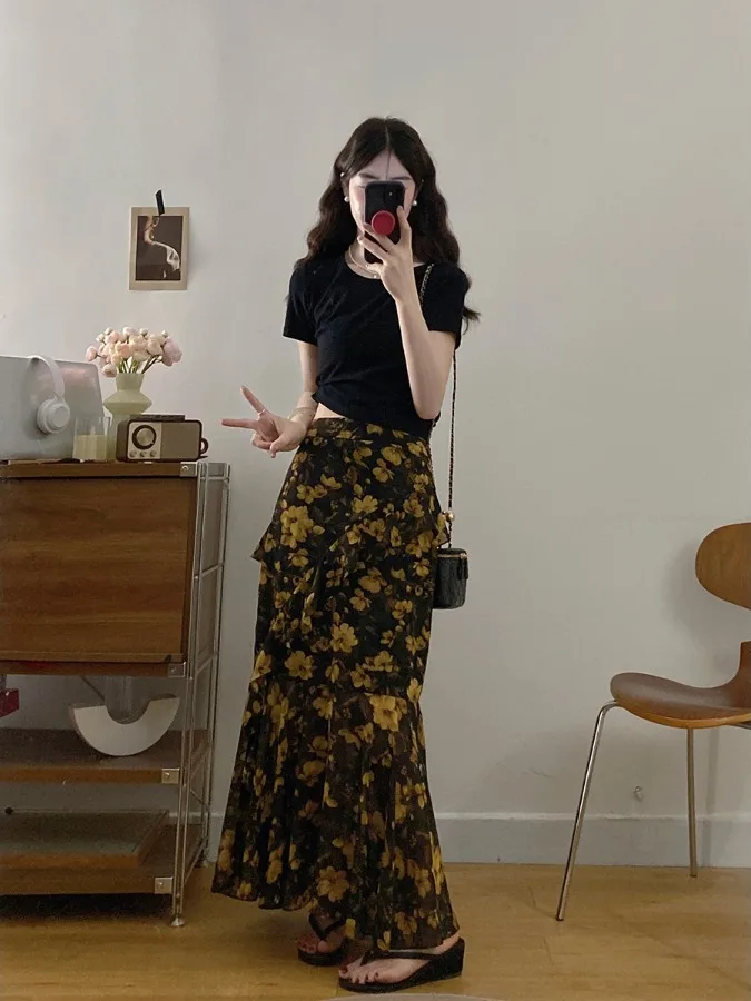 

plus Size Hot Girl Style Set Summer New Design Hollow out Short Sleeve Floral Lace Hem Half Skirt High Waist A-Line Dress