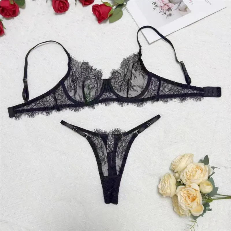 Lingerie romantique en dentelle blanche transparente, soutien-gorge push-up à armatures, string à motif Floral, bretelles fines, sous-vêtements élégants pour femmes