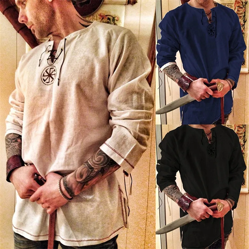 Halloween Knight Cosplay Renaissance Robe Viking Men Long Sleeve Tops Costume Medieval Clothing Pirate Disguis jk;6