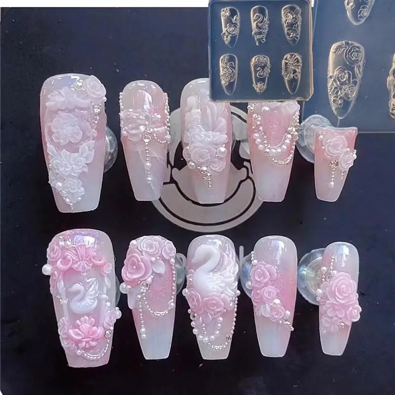 New 1Pcs Lace Bow Strawberry 3D Silicone Mold DIY Nail Art Decor Cartoon Rabbit Flower Transparent Mold Manicure Design Tool