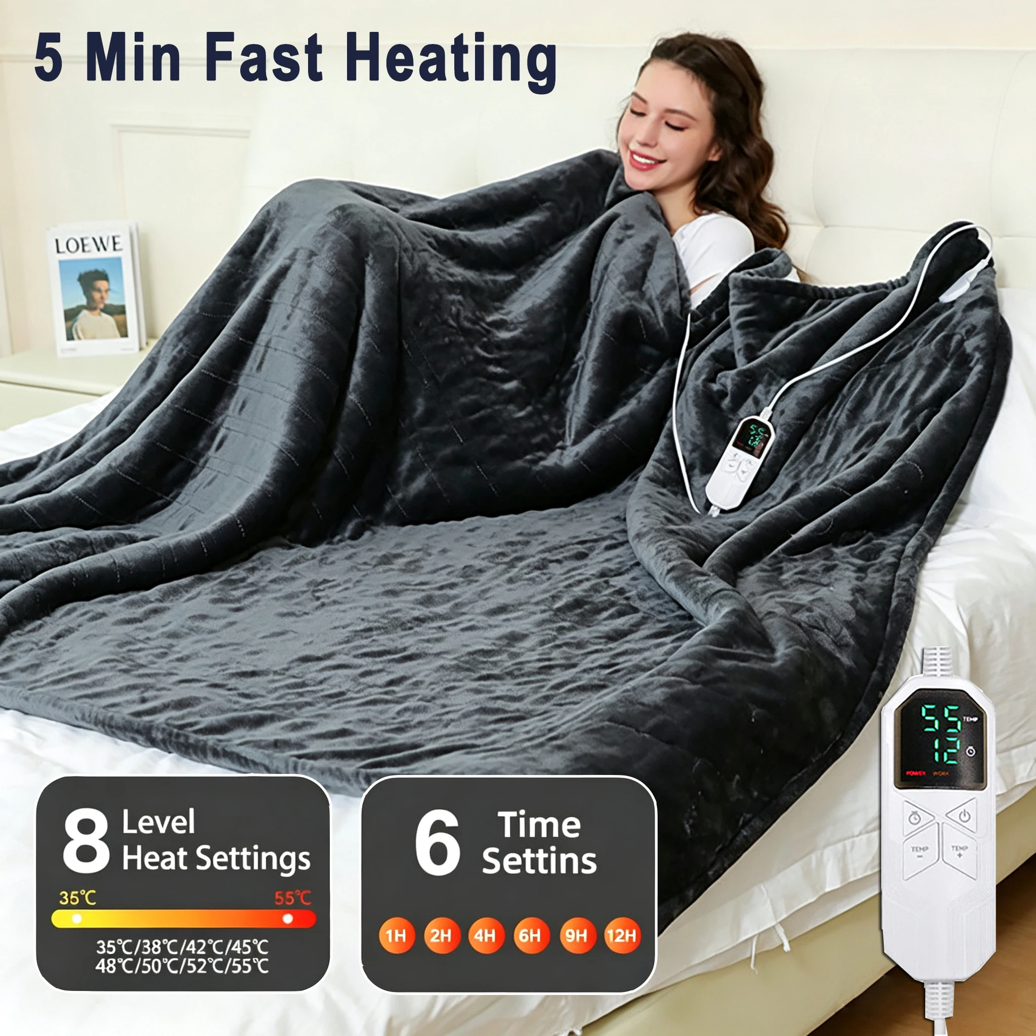 Upgraded Heated Blanket 127x152cm Electric Blanket Soft Throw Blanket w/ 8 Heating Levels & 6 Times Setting, Digital Display