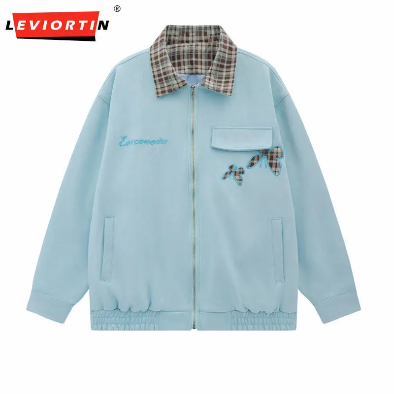 

Men's Design Butterfly Embroidered Loose Jacket Fashionable Trendy Brand Color Contrast Splicing Grid Collar Loose Baseball