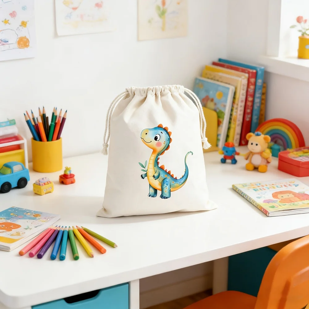 1Pc Custom Name/Text Dinosaur Pattern Imitation Hemp Gift Bag Drawstring Closure Storage Bag, Party Candy Bags, Daily Storage