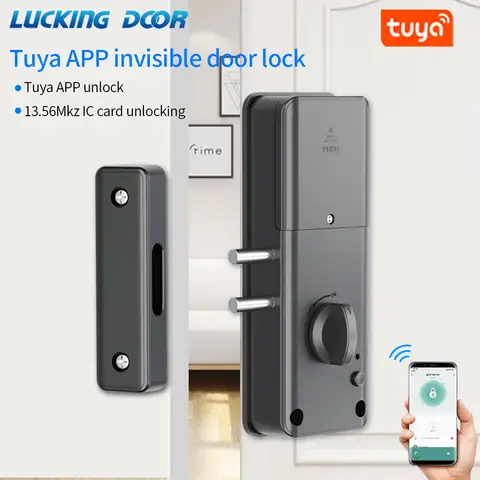 블루투스 Tuya APP 제어 13.56mhz IC 카드 스마트 보이지 않는 잠금 장치 열쇠가없는 드릴 없음 숨겨진 설치 나무 문용 모터 잠금 장치