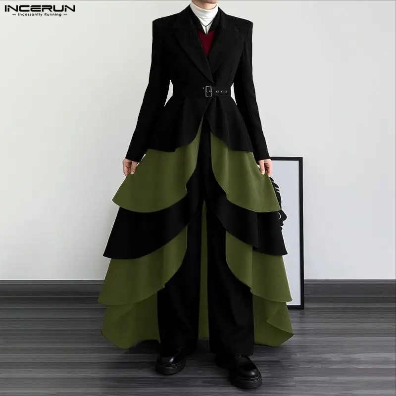 INCERUN Men Long Style Blazer Patchwork Lapel Long Sleeve Ruffle Male Suit Streetwear Blazer Dress Personality Thin Coats Men