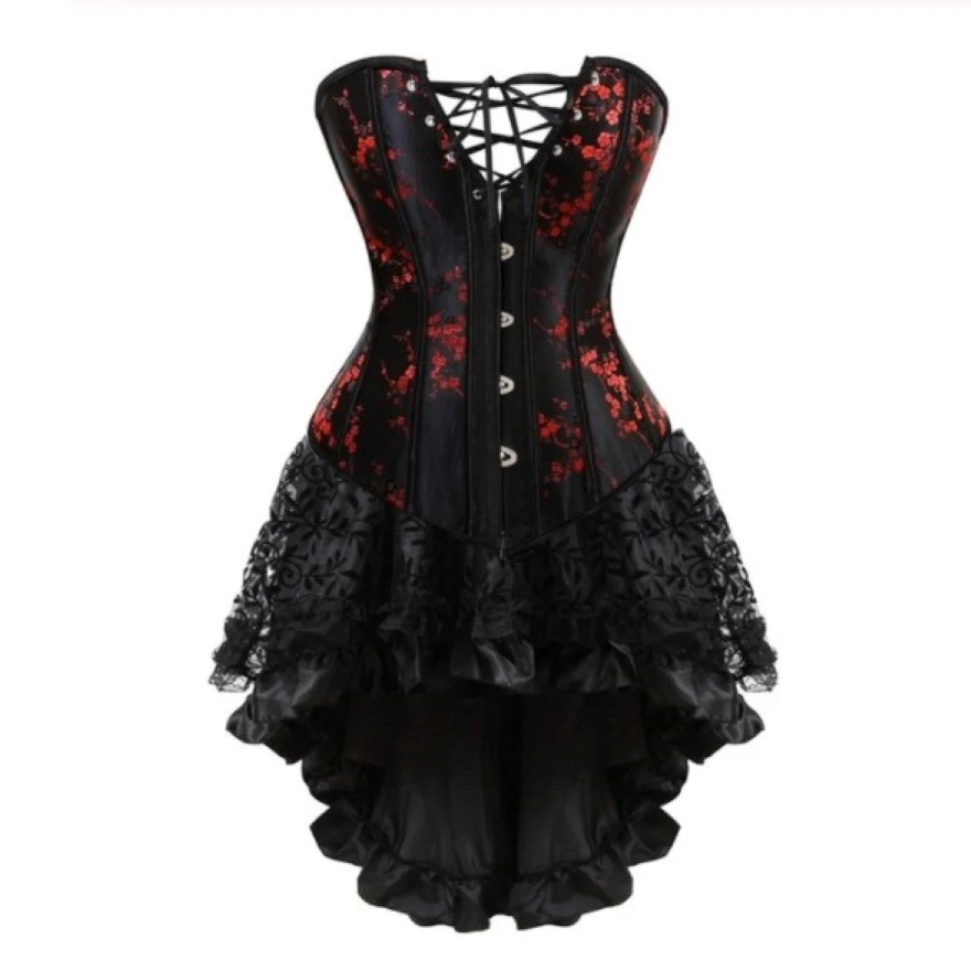 

Gothic Vintage Plum Flowers Lace Up Overbust Corset Top With Asymmetrical High Low Skirt Victorian Sexy Floral Bustier Corselet