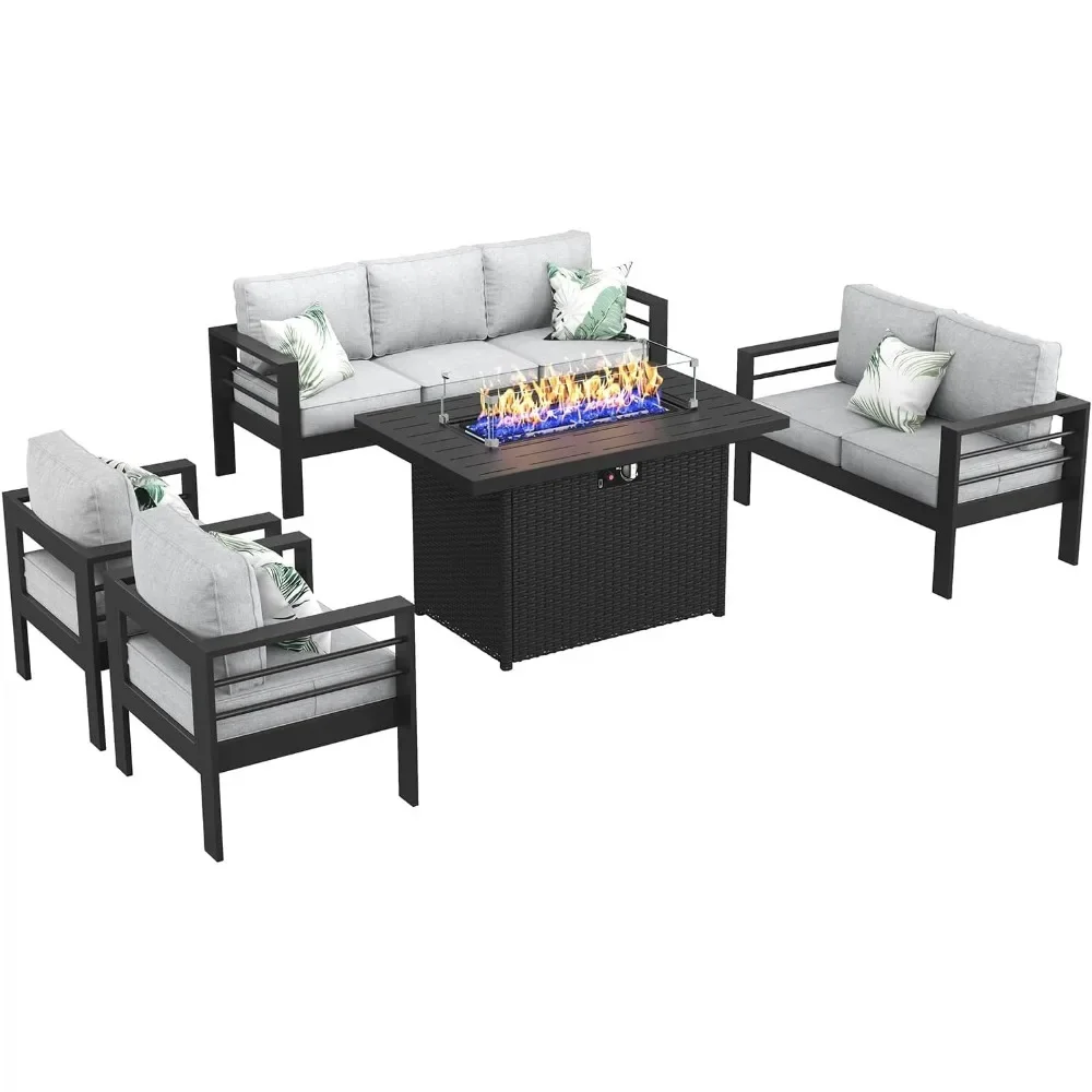 Aluminum Furniture Set with Fire Pit Table, 5 Pieces Patio Sectional Conversation Chat Sofa Seating Set, Garden Furniture Sets