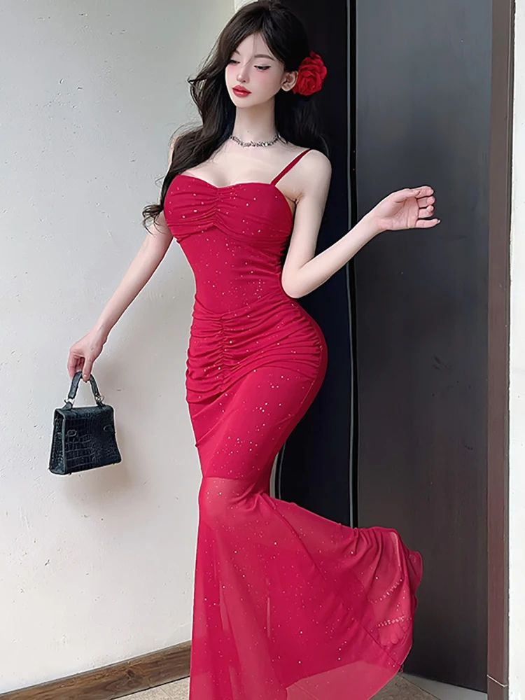 Zomer Rode Mesh Heldere Zijde Geplooide Bodycon Lange Jurk Vrouwen Elegante Luxe Sling Sexy Jurk 2025, Koreaanse Vintage Hepburn Jurken