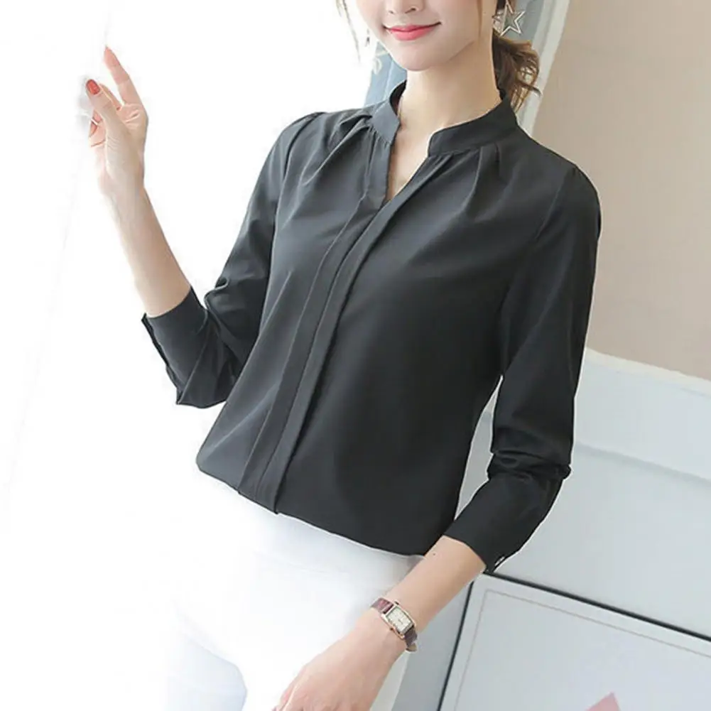 Lightweight Women Top Slim Fit V-neck Women's Shirt Stylish Stand Collar Long Sleeve Solid Color for Workwear Commuting Women