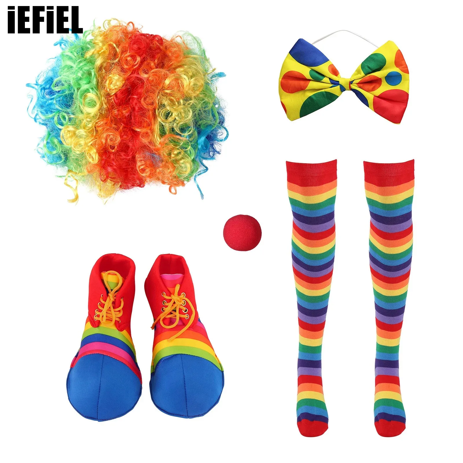 

Funny Clown Cosplay Costume Shoes Curly Wig Red Nose Colorful Dot Bowtie And Thigh High Socks for Jester Mardi Gras Party