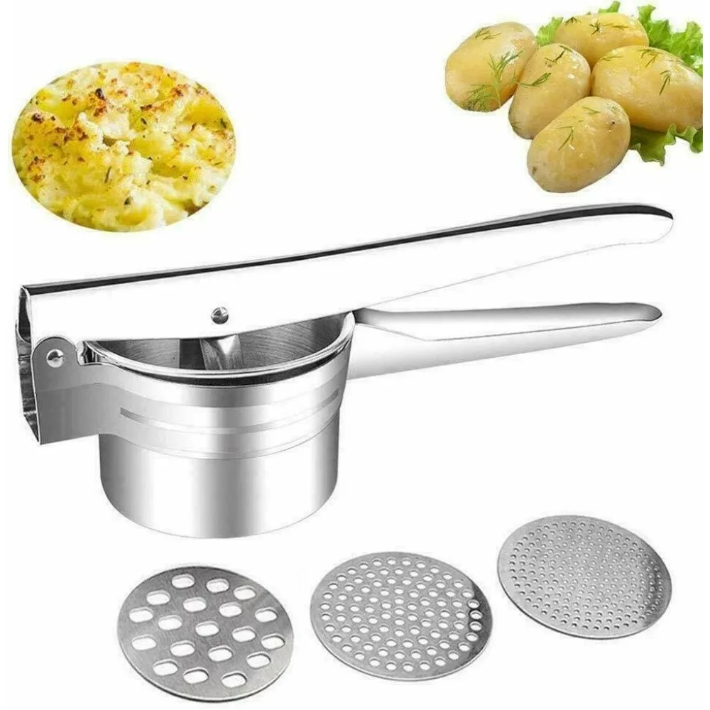 Kartoffelpresse aus Edelstahl, manueller Kartoffelstampfer mit 3 austauschbaren Scheiben, Fruchtpresse, Zitronenpresse