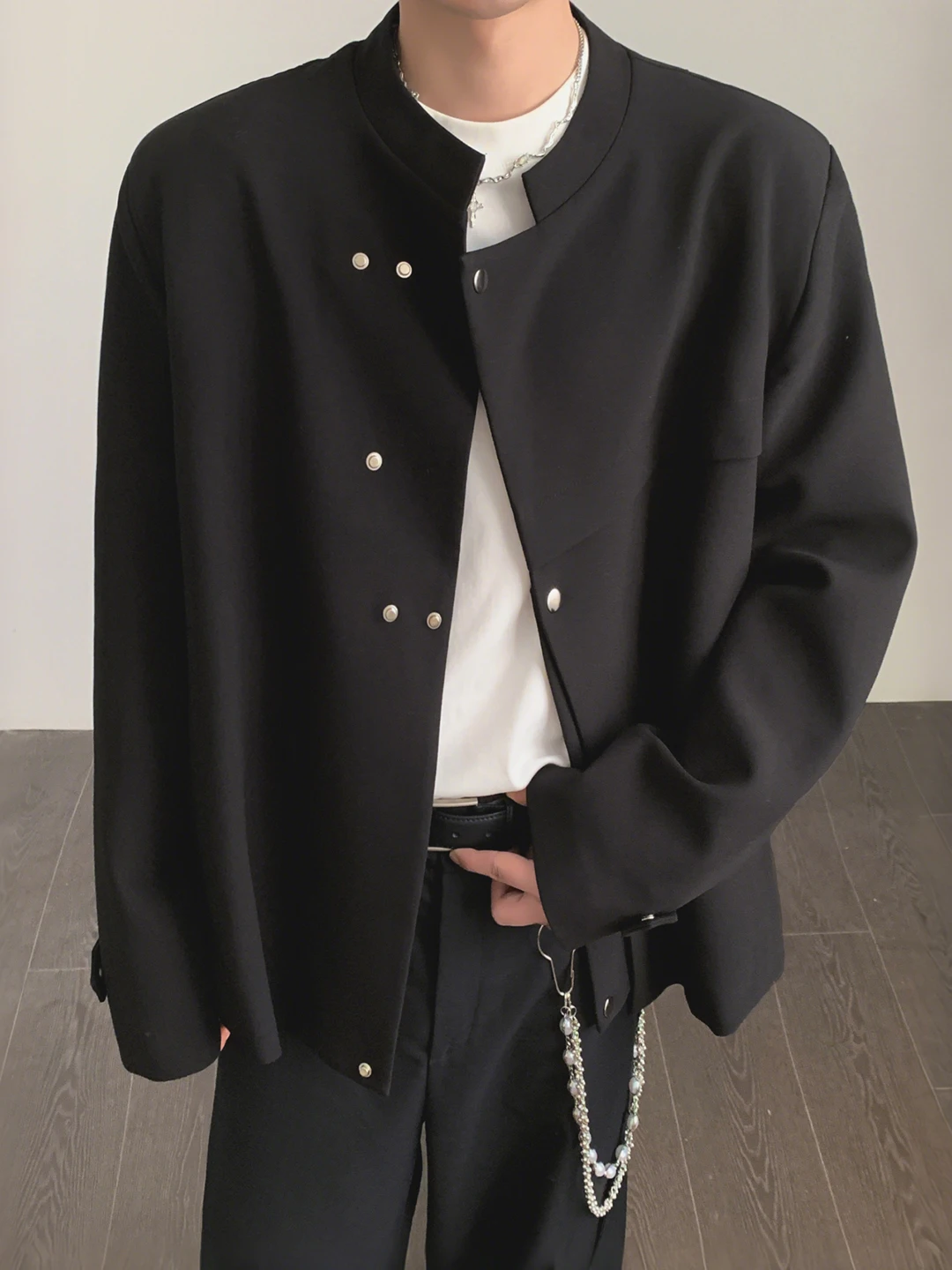 

Bla ort Tailored Stand Collar Men's plus Size Faionable Loose Fit Spring Outerwear Chinese Sle Single Button Suit Jaet