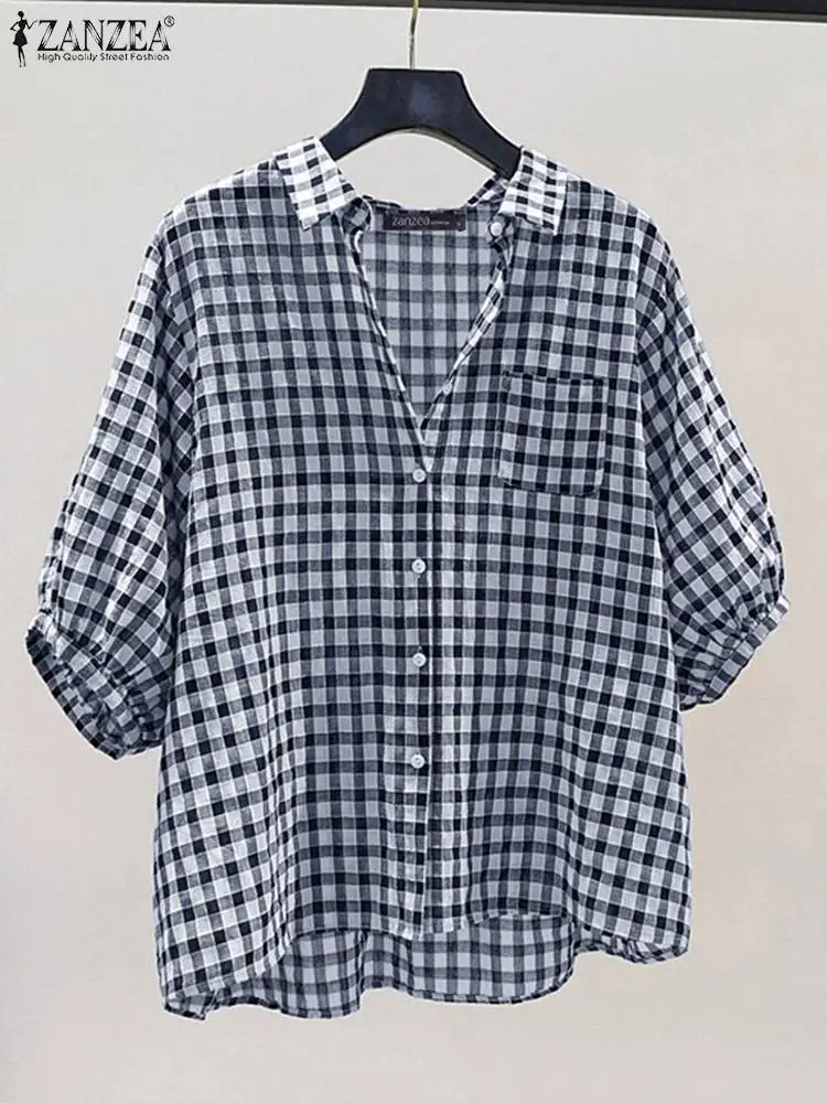 ZANZEA Women Plaid Checked Blouse Elegant OL Work Shirt Summer Lapel Neck 3/4 Sleeve Tunic Tops Casual Buttons Down Blusas Femme