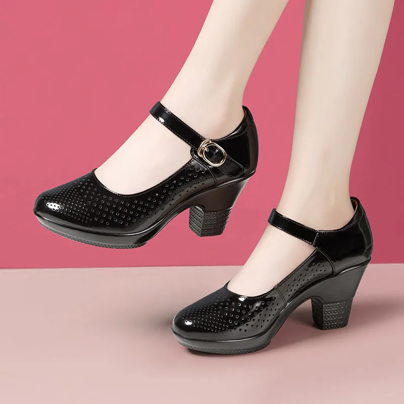 Women Black Genuine Leather Buckle Strap High Quality Shoes Women Dance Shoes Lady Fashion Spring Summer Red Comfort Heel Pumps