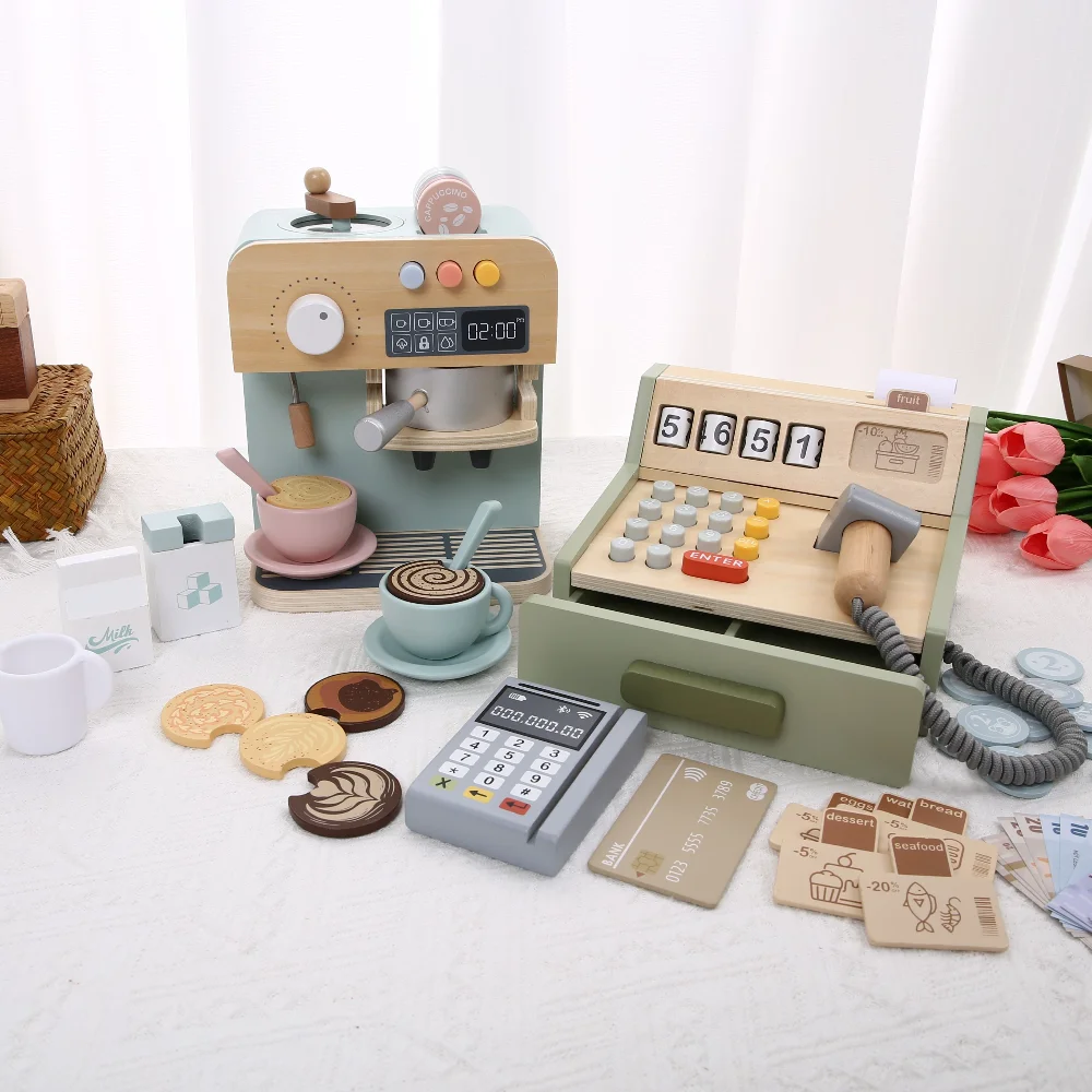 ألعاب مسرح خشبية للأطفال، ألعاب منزلية، ماكينة صنع القهوة الخشبية، ألغاز تسجيل النقود الخشبية، التعليم التفاعلي #1