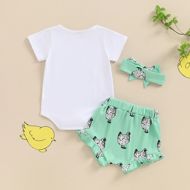 

Newborn Baby Girl Clothes Chicken Short Sleeve Romper Shirt Ruffle Shorts Set Infant Summer Farm Clothes