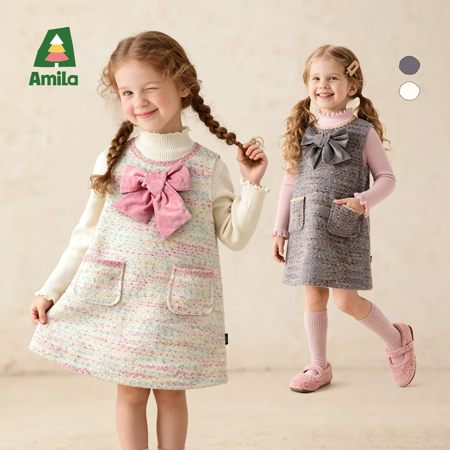 

Зимнее теплое платье без рукавов для девочек Amila Kids 2025 г., бархатный бант и двойной карман, милый и ароматный стиль
