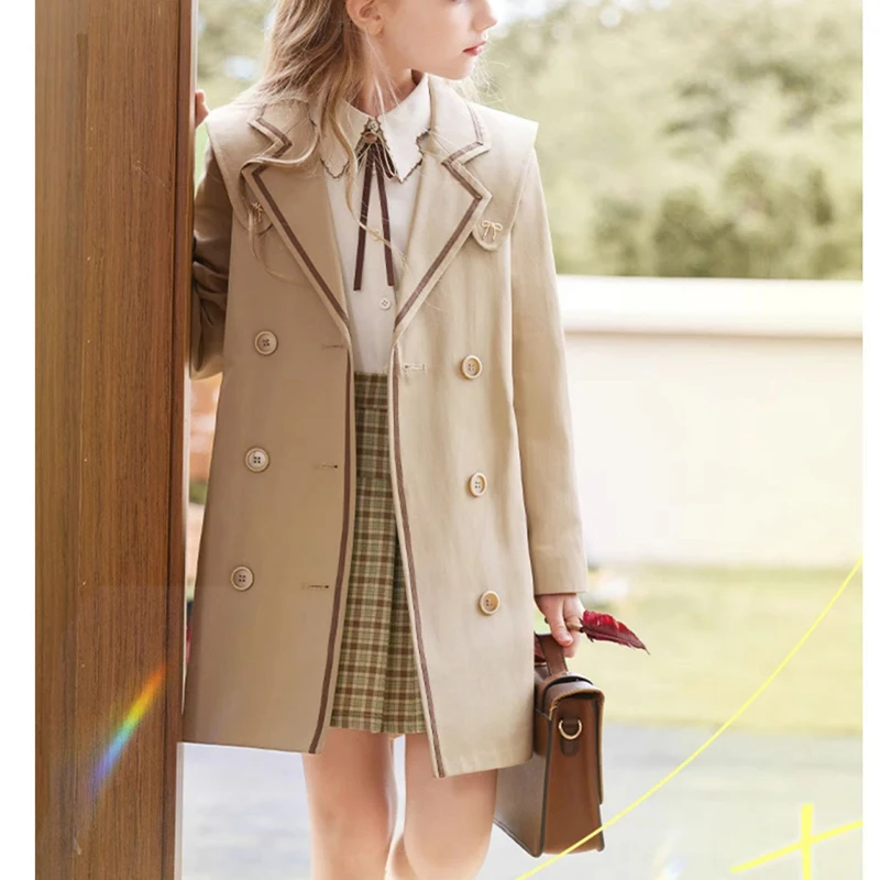 New autumn trench coat for girls, mid to long style, British college style, western-style children's coat, spring and autumn