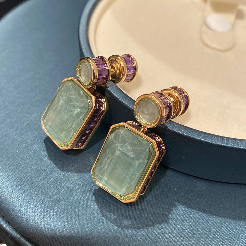 High Quality Luxurious Olive Green Crystal Earrings Micro Inlaid Purple Cubic Zircon Retro for Women Square Pendant Jewelry Gift