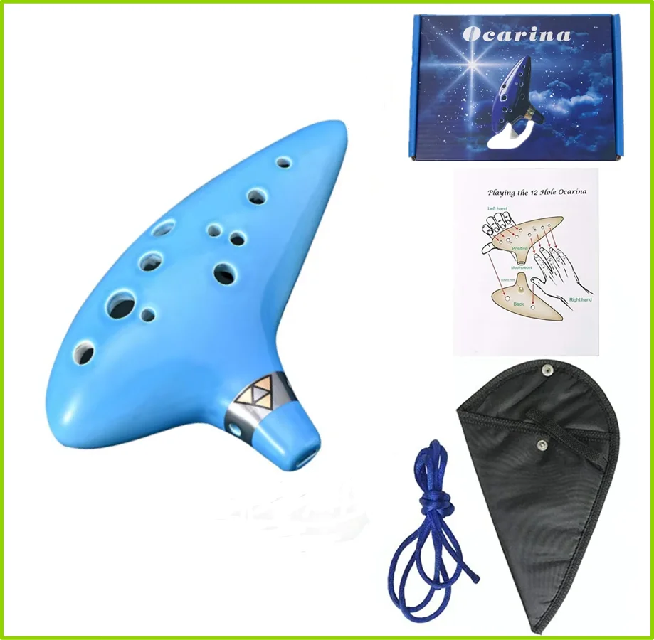 Ocarina, 12-Tonige Alt-C Keramik-Ocarina Musikinstrument mit Liederbuch, Halskordel und Tragetasche, Blau – Detail 10