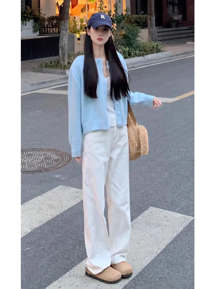 

Белые джинсовые джинсы с высокой талией и широкими штанинами, женские свободные брюки прямого кроя, осенние новые длинные брюки больших размеров