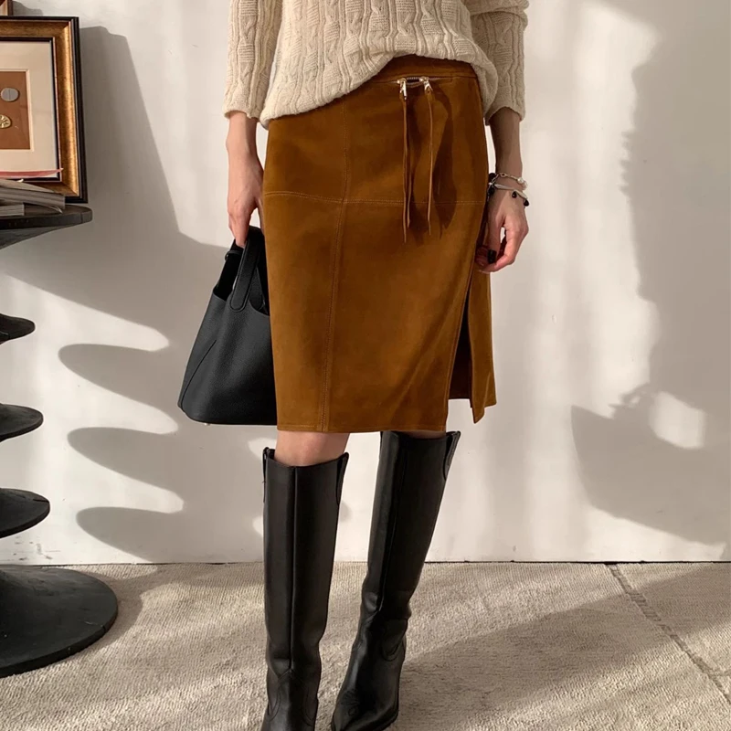 

2025 Fall Winter 100% Real Leather Skirts Women Goatskin Suede Zipper Tassel Side Slit Package Hip Slim-fit Mid-length Skirts