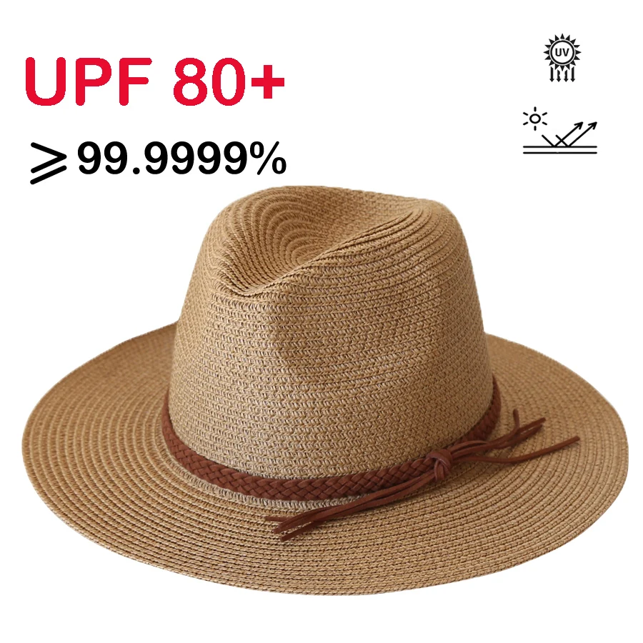 Damen Herren Strohhut mit breiter Krempe, Fedora, Sommer, Strand, UV-Schutz, Sonnenhut, UPF-Strohhut für Damen – Detail 4