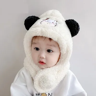 Chapeau de vache brodé en peluche pour enfants, protection des oreilles mignonne, chaud, cou, bébé, automne, hiver, ensemble une pièce