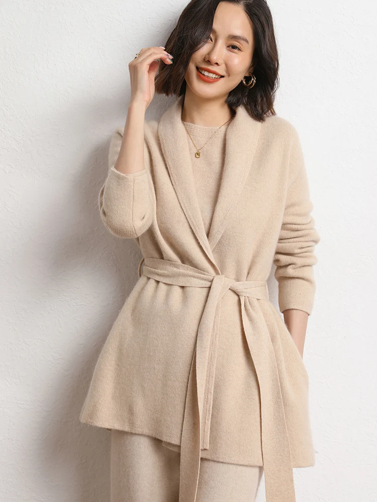 

2025 New Women's 100% Cashmere Sweater Thick Cardigan Coat Office Lady Sashes Autumn Winter Heavyweight Cashmere Knitwear Tops