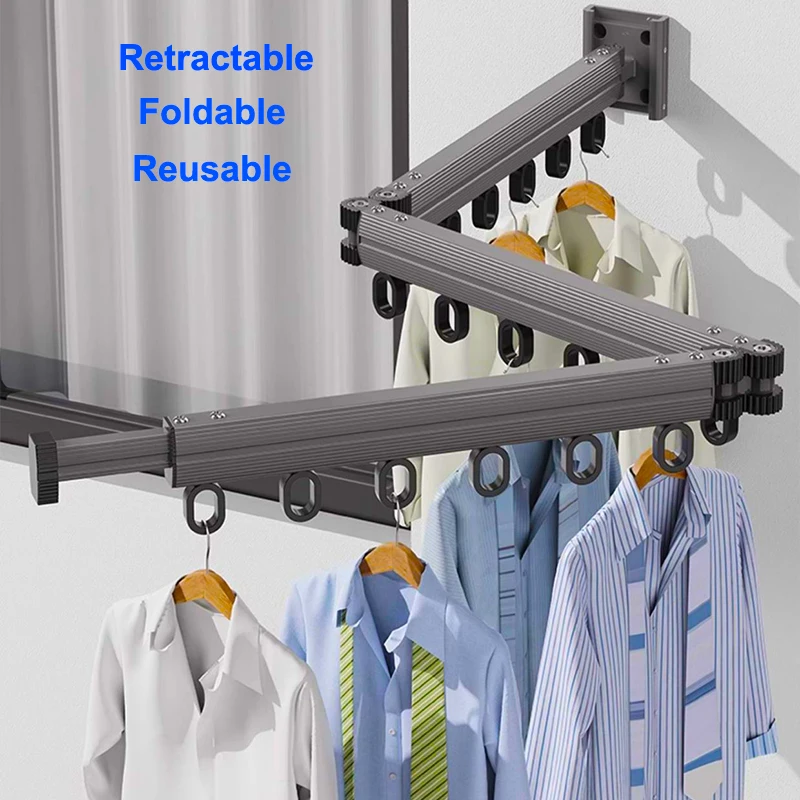 Wall Mounted Folding Clothes Drying Rack with Sliphooks 1/2/3-fold Retractable Extension Laundry Saving Space for Home Balcony