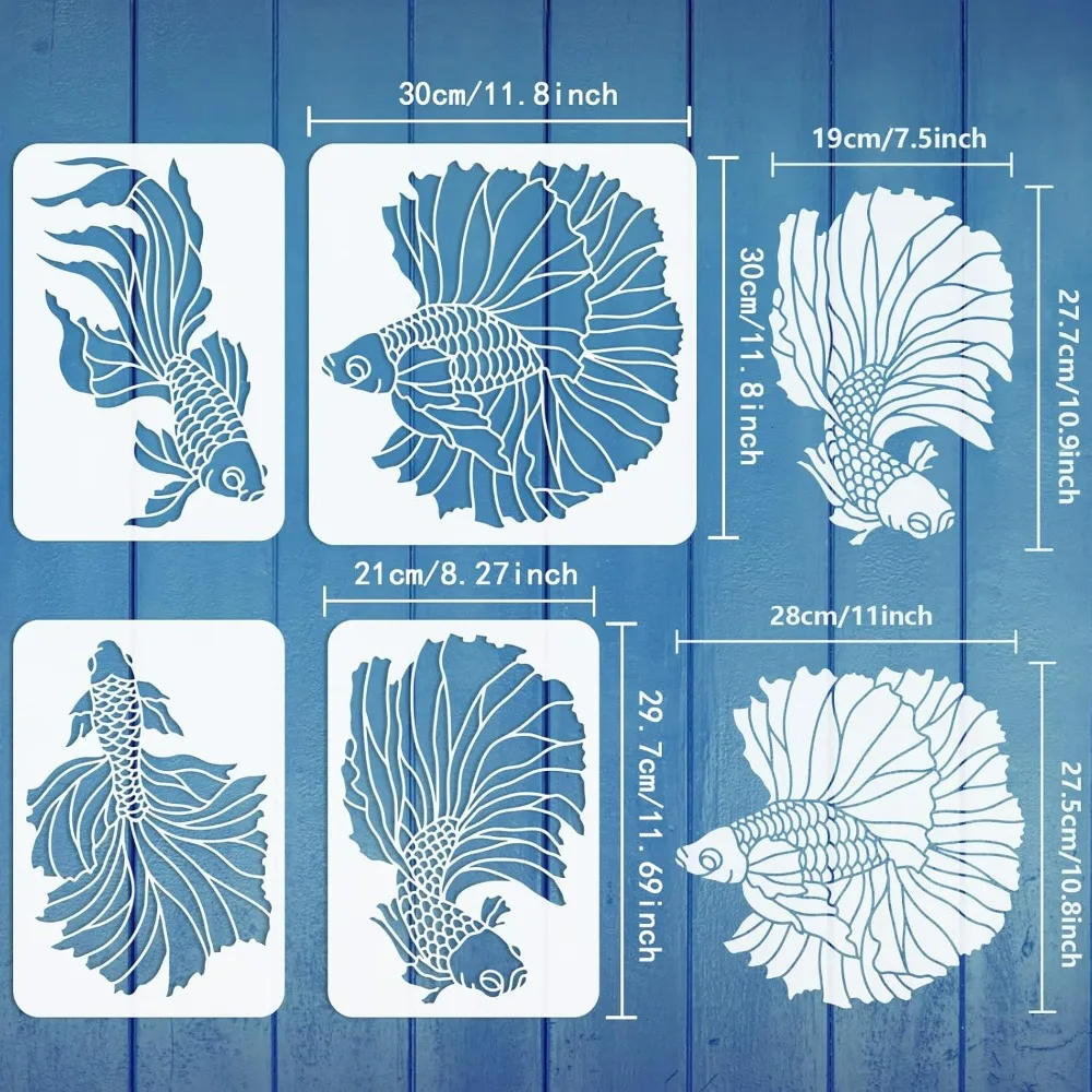 4 Pcs Goldfish Stencil 2 Size Reusable Goldfish Pattern Drawing Template Art Fish Stencil for Decoration Animal Theme Stencil