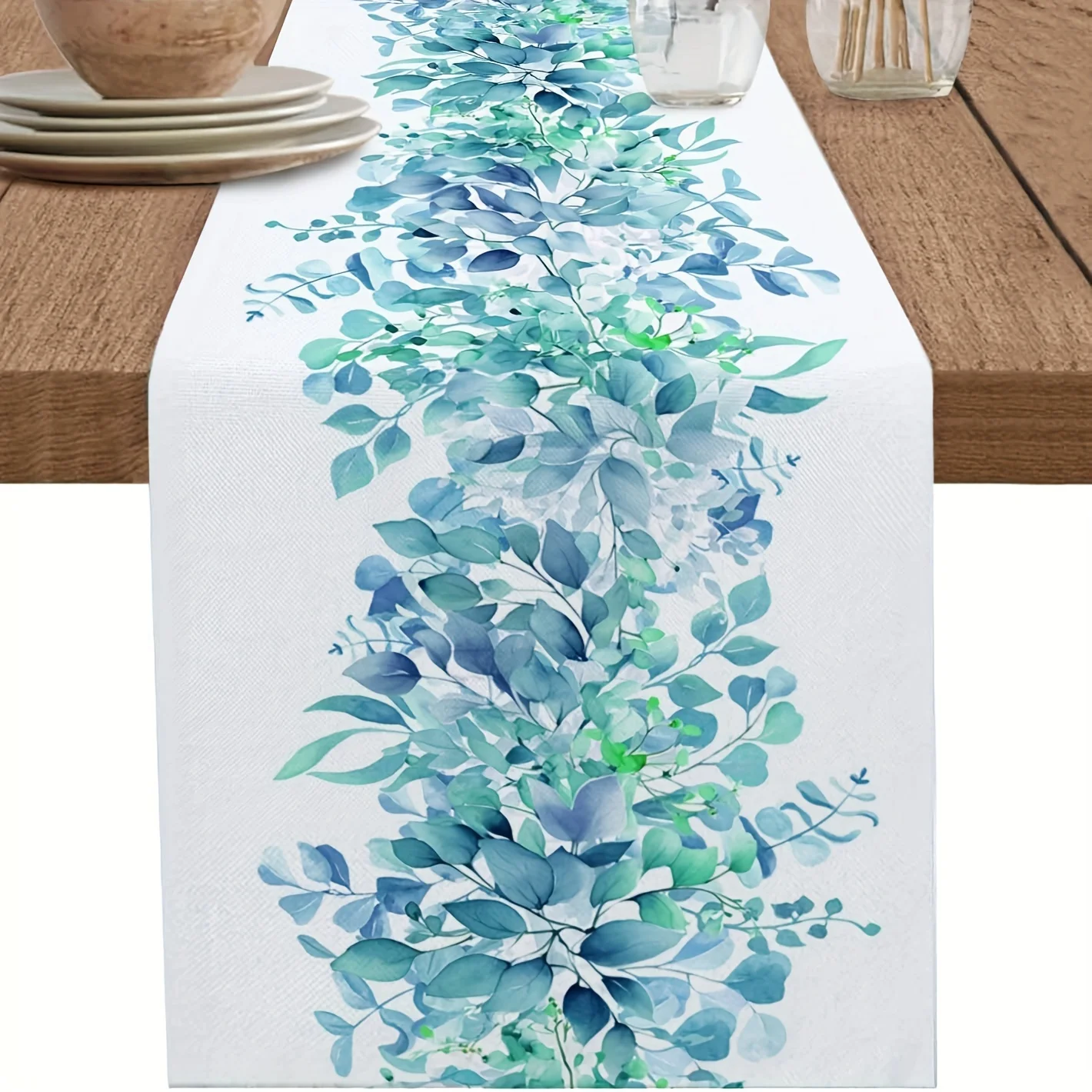 

1pc, Teal Eucalyptus Table Runner, Aesthetic Floral Plant Spring Summer Botanical Tablerunner for Kitchen Coffee/Dining Living Room Dinner Scarf Decor